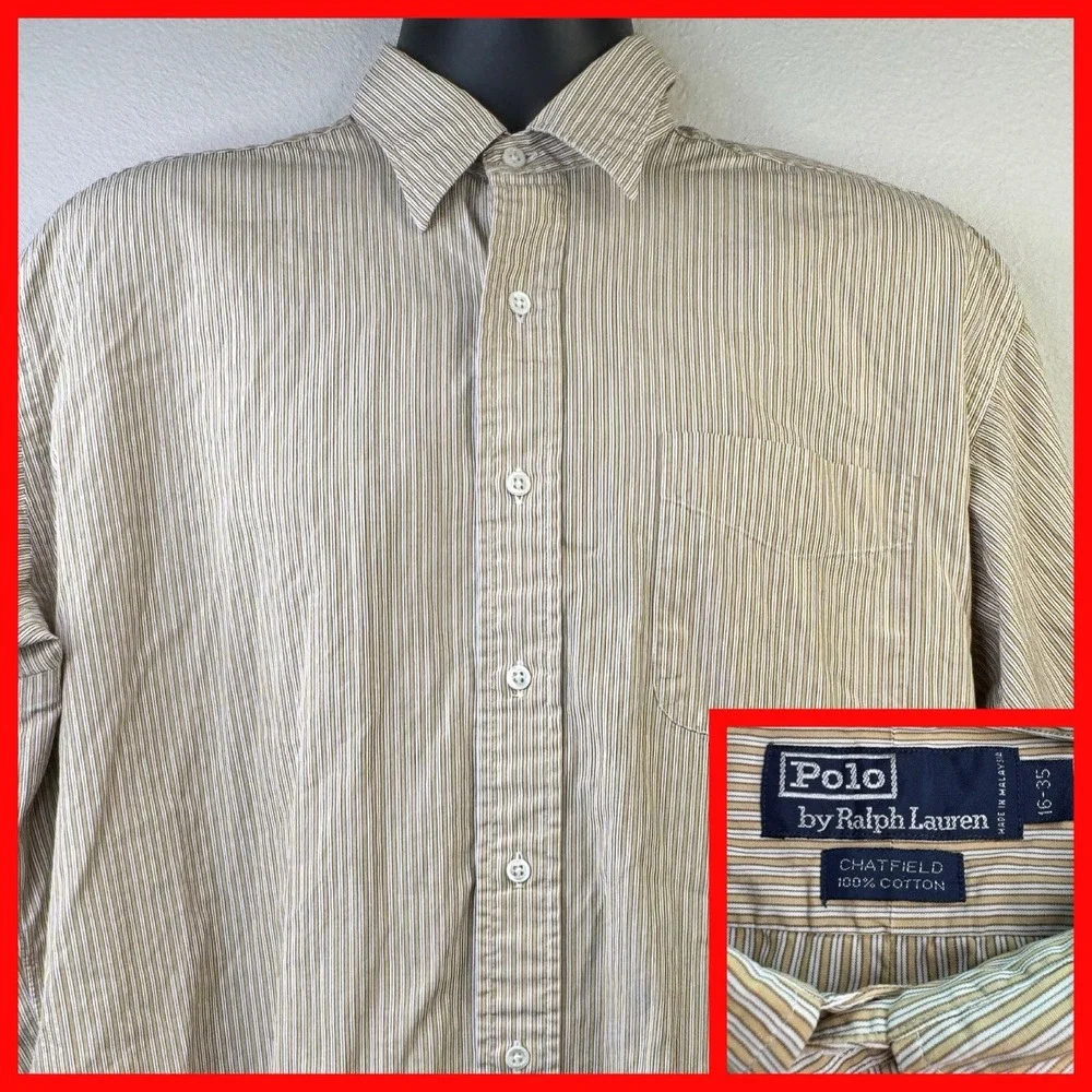 Polo Ralph Lauren Button Down Men 16-35 Tan White Stripe Chatfield Cotton Shirt‎